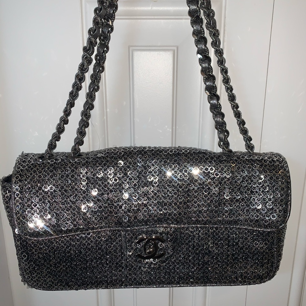 Chanel Sequin Handbag Clutch Silver Classic Bag - Picture 8 of 8